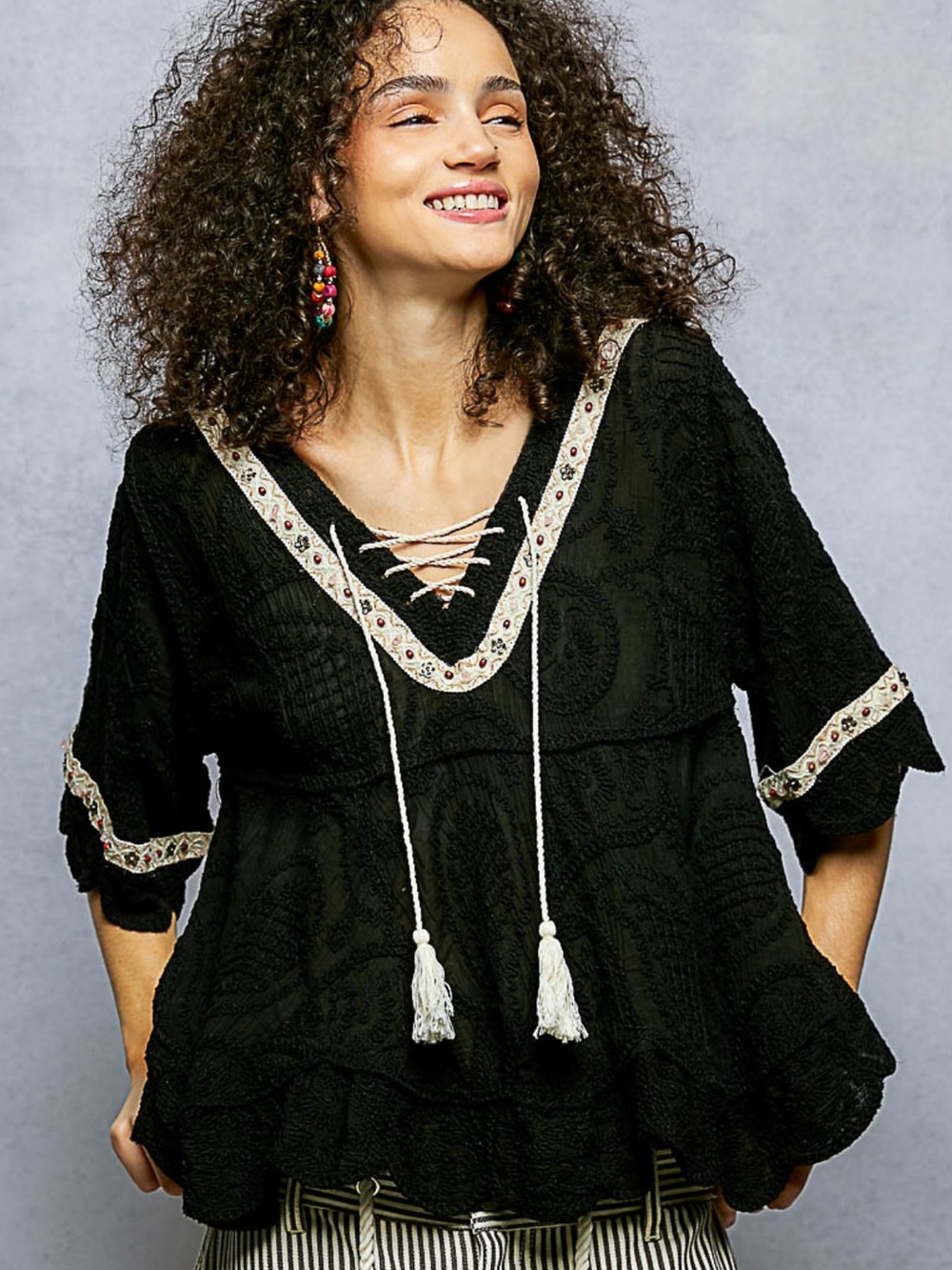 💕 Coming Soon! POL Boho Lace-Embroidered Black Peasant Top
